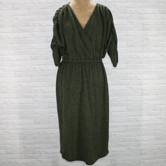 AMADI ANTHROPOLGIE Dress Sweater Knit Shirred Puff Sleeves Olive Green Large - Picture 1 of 13